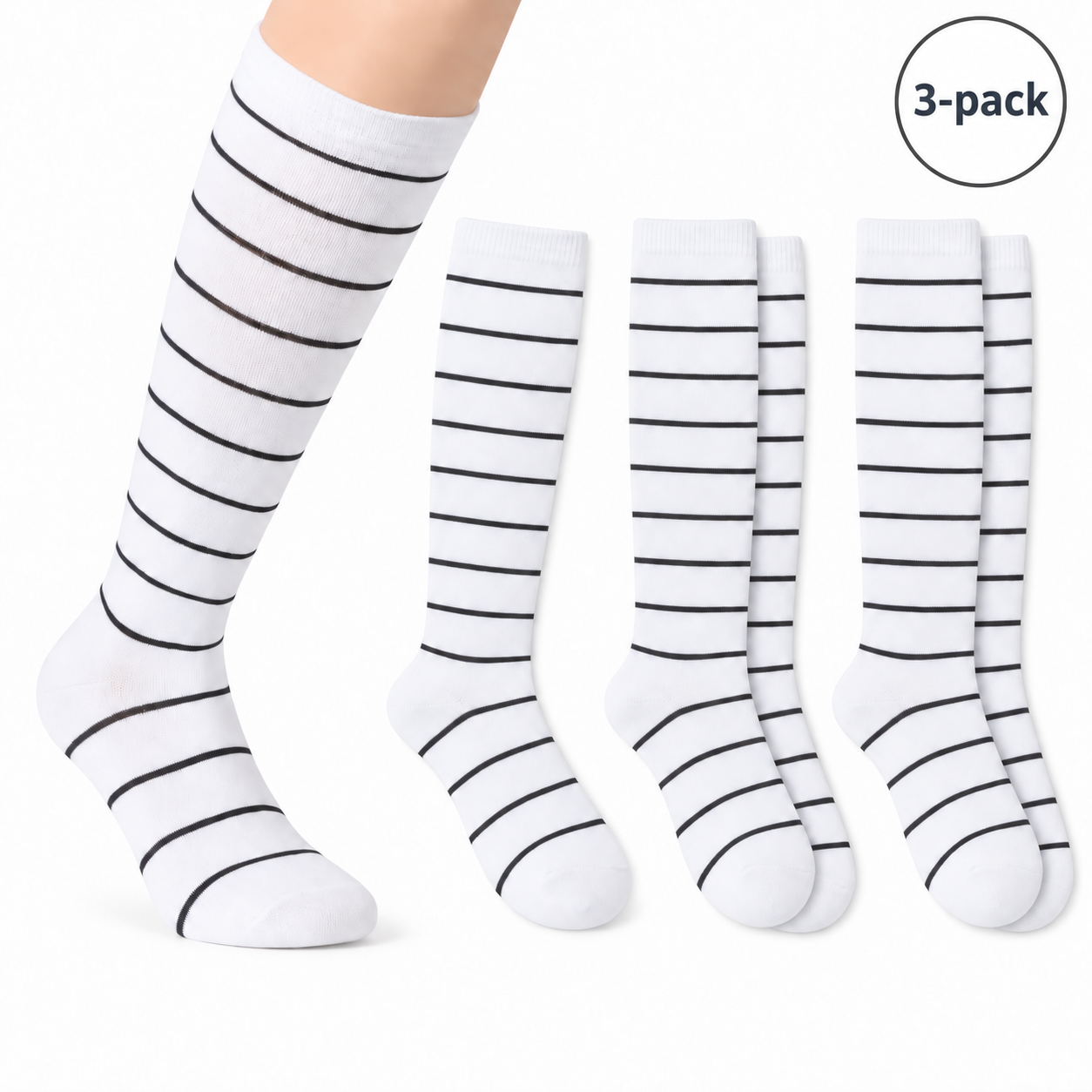 Stripete støttestrømper med smale striper, 3-pack - FinesseCare