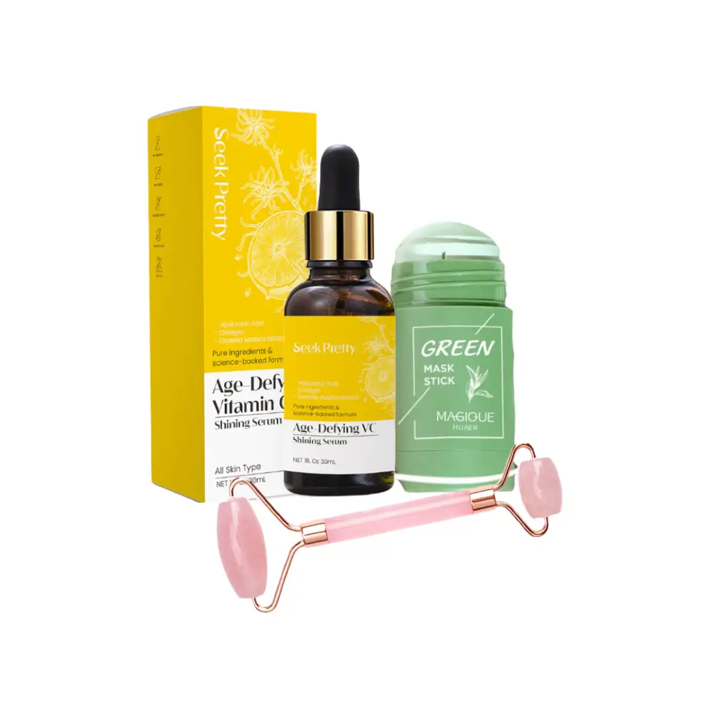 Rosa jade roller med Clay mask stick og C-vitaminserum