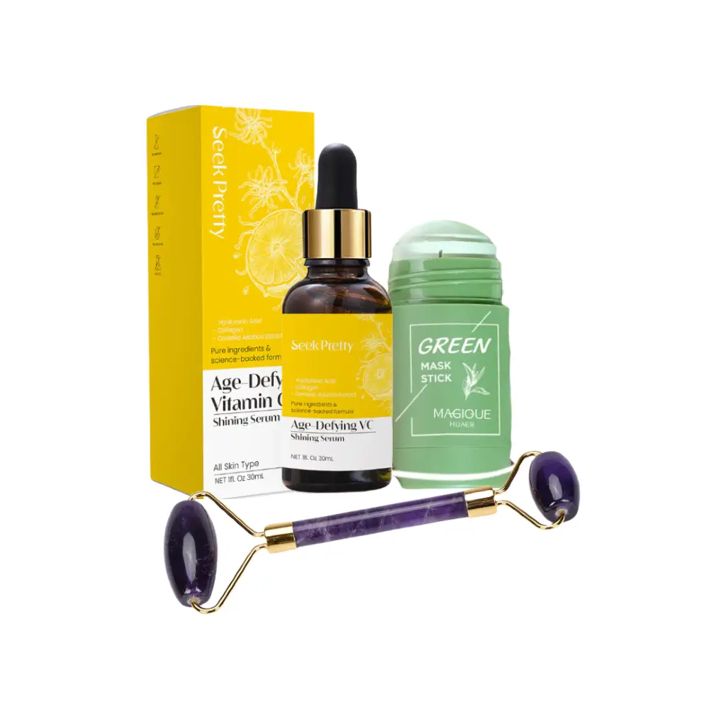 Lilla jade roller med Clay mask stick og C-vitaminserum