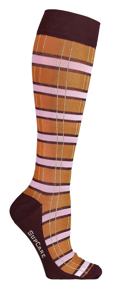 Støttestrømper med mønster i oransje/rosa/rød og gullglitter